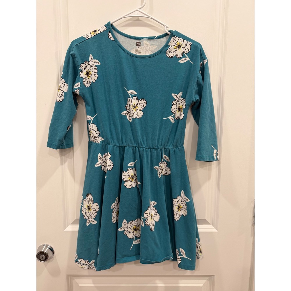 Tea Collection Girls Teal Blue Floral Skater Dress 3/4 Sleeve Size 14